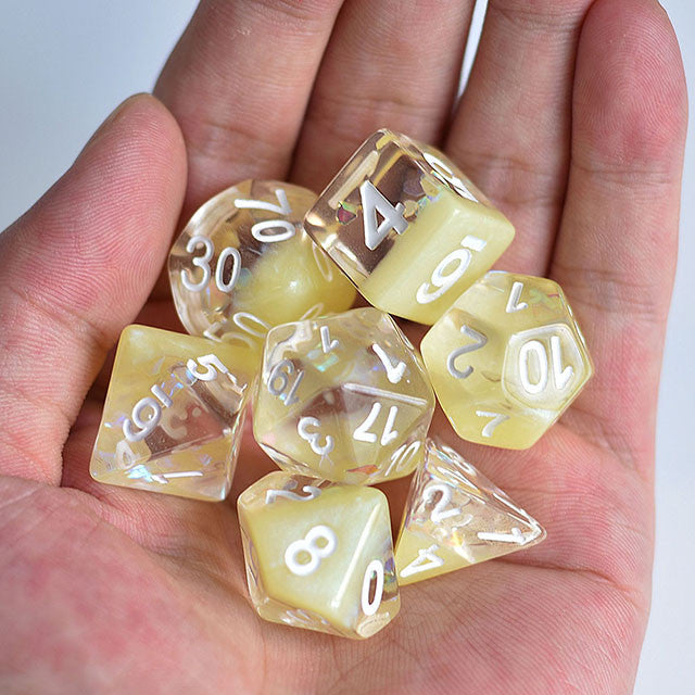 Yellow Shimmer Two Layer Dice Glitter filled 7pc Polyhedral Dice Set
